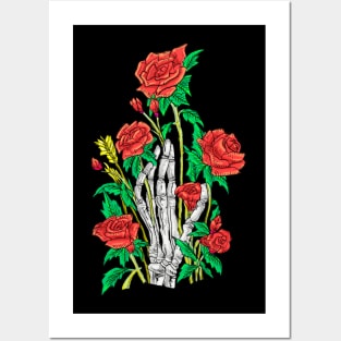 a skull hand and a red rose Posters and Art